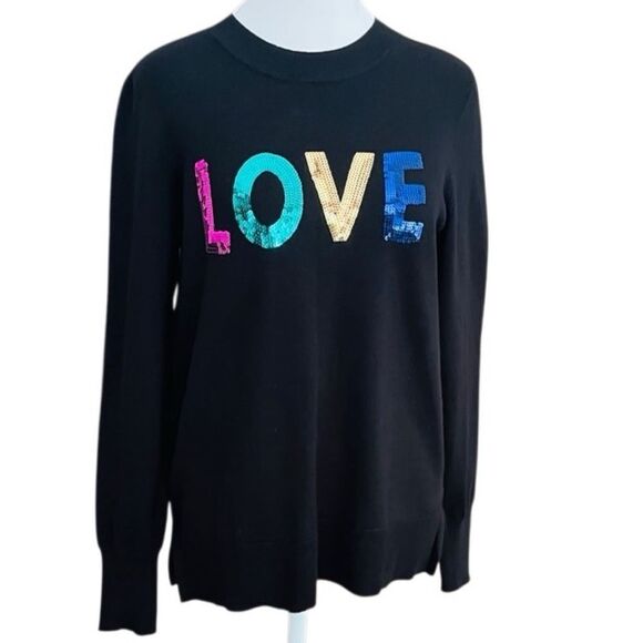 Marled Black Crew Sweater with Multicolor Sequin LOVE Design size Small. - Picture 1 of 7